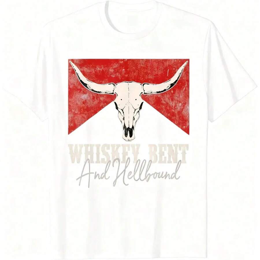"Whiskey Bent And Hellbound" Western Graphic T-Shirt, Short Sleeve, Plus Size, Thick Cotton, Classic Print For Men And Women, Casual Wear For Everyday Use, Soft And Comfortable Cotton, Desert Cactus Design, Fashionable Western Style T-Shirt. - 白色 - 查看 1
