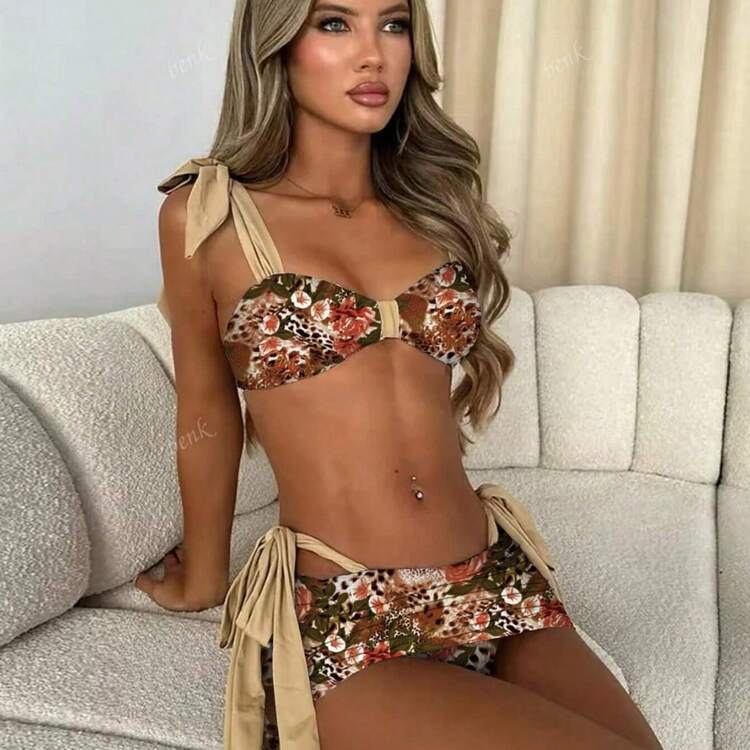 Short Apron Three-Piece Bikini Floral Print Tie-Up Swimsuit For Women - Flower - View 4