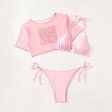 2026 New Letter Print Two-Piece Swimsuit Women's Bikini Three-Piece Set - Pink - View 4