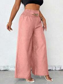 Women's Casual Wide-Leg Linen Pants With Metal Chain Detail, Autumn Style - 珊瑚粉 - 查看 5