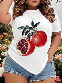 Women's Casual Pomegranate Print T-Shirt - Fresh Fruit Design, Casual Summer Top With Short Sleeves And Round Neck, Perfect For Daily Wear, Garden Outings And Nature Themed Events. - 白色 - 查看 7