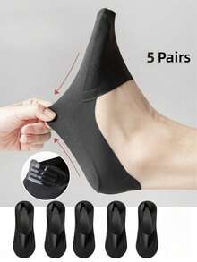 5 pares de calcetines invisibles sin costuras delgados tipo barco para hombres, de seda de hielo satinada, antideslizantes, aptos para uso diario - Negro - Ver 5
