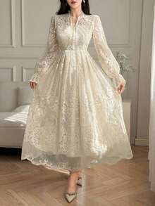 Vestido largo plisado de unicolor elegante con bordado para invitada de boda, vestido de verano - Beis - Ver 4