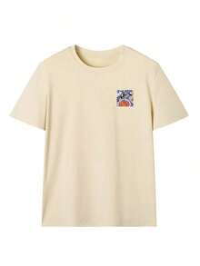 Camiseta de manga corta con cuello redondo y estampado de higo y aceituna "Puria" en color crema para mujer, corte holgado informal, estilo mediterráneo, estilo italiano, casual urbano, viajes culinarios, temporada de flores de cerezo, verano. - Albaricoque - Ver 3