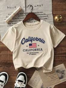 1 camiseta casual de manga corta con cuello redondo, estampado de la bandera de California, EE. UU., corte holgado, ropa de calle de verano, 180 g, 100% algodón - Blanco - Ver 6