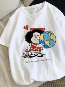 Camiseta de verano para mujer con estampado de dibujos animados de Mafalda Kawaiis, ropa de manga corta, tops de moda, camisetas femeninas, ropa de calle Harajuku, conjuntos de vacaciones para mujer. Adecuada como regalo. playera de mujer. blusas>elegantes. boho chic,Top de mujer suave, transpirable y cómodo, ideal para primavera, verano y otoño, perfecto para vacaciones, viajes y uso diario. - Blanco - Ver 1