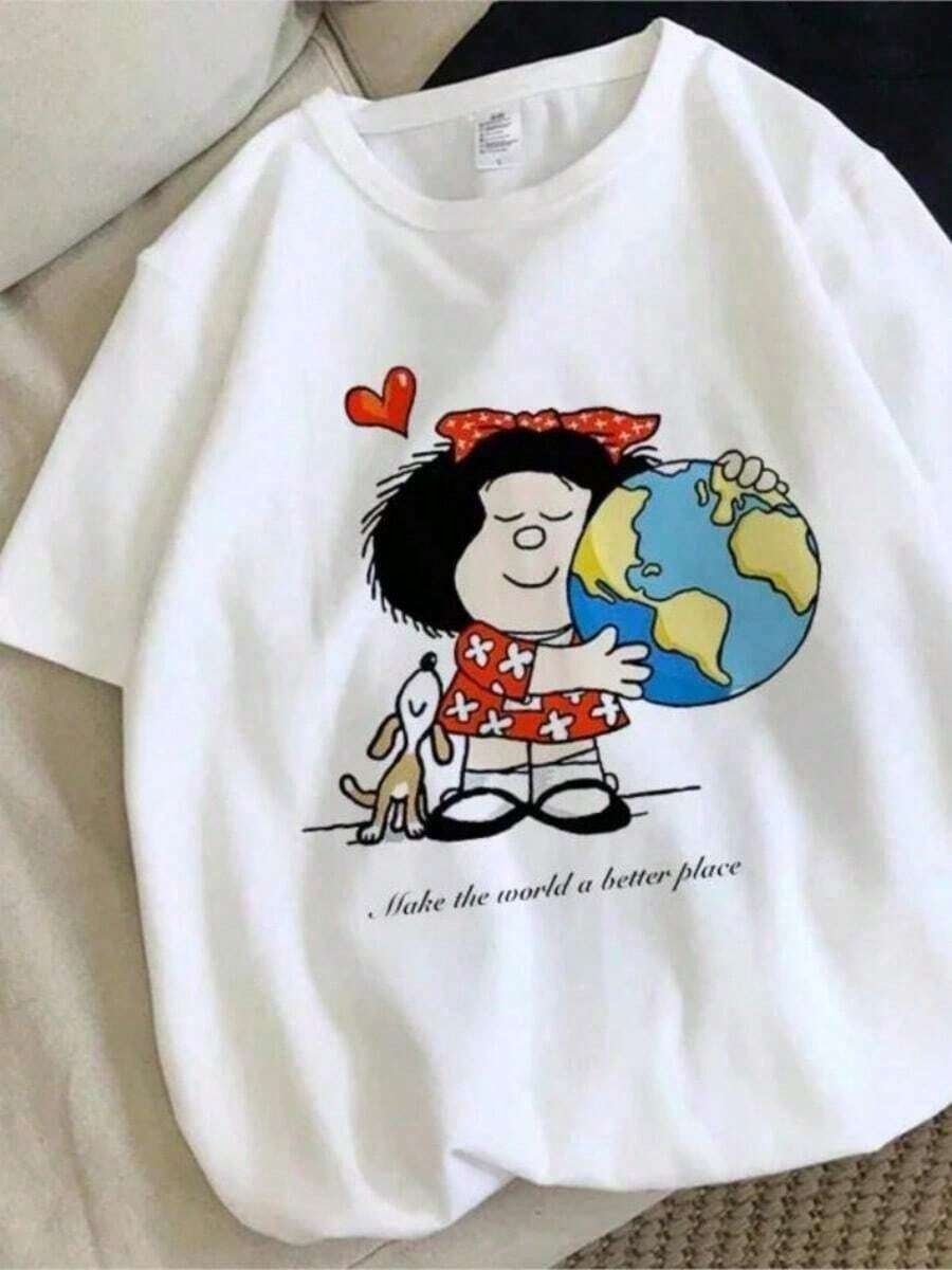 Camiseta de verano para mujer con estampado de dibujos animados de Mafalda Kawaiis, ropa de manga corta, tops de moda, camisetas femeninas, ropa de calle Harajuku, conjuntos de vacaciones para mujer. Adecuada como regalo. playera de mujer. blusas>elegantes. boho chic,Top de mujer suave, transpirable y cómodo, ideal para primavera, verano y otoño, perfecto para vacaciones, viajes y uso diario. - Blanco - Ver 1