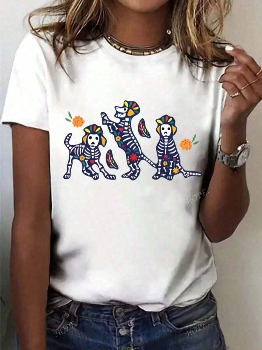 Camiseta de mujer Camiseta de algodón de manga corta negra con estampado de calavera de anime Casual Cuello redondo Camiseta de ajuste regular Tela Cómoda para todas las estaciones Adecuada para el uso diario promocional Hermosa camisa de mujer Camisa elegante para mujer Mujer estilo casual estampado calavera mariachi diseño suelto cuello redondo manga corta primavera verano uso diario camiseta - Blanco - Ver 1