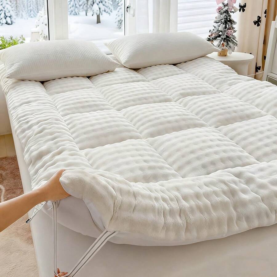 Oaskys Cute Soft Mattress Topper - Comfort Breathable Fiber Filling Folding Roll Up Mattress Sleeping Pad, 6-8cm Warm Thickness Quilted Mattress Topper For Sleeping - 米色兔毛 - 查看 1