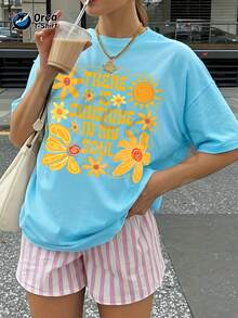Camiseta de verano premium para mujer con estampado de girasoles, texto inspirador, estilo dopamina en amarillo cálido, 100% algodón, estilo casual de vacaciones de verano, cuello redondo y manga corta. - Rojo - Ver 8