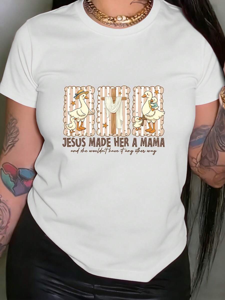 Unisex Short-Sleeved T-Shirt For Women, Bohemian Leopard & Mother Goose Graphic T-Shirt - Short Sleeve Crew Neck Casual Top With Goose Print, Non-Blouse Cut, Suitable For Summer, Spring Casual Wear, Machine Washable, T-Shirts For Men, Women, Romwe Men, Boho Chic, Teachers Gifts, T-Shirt For Curvy Women's Sets For Mu, Y2k - 白色 - 查看 1