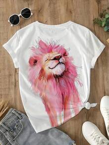 White Short Sleeve Crew Neck T-Shirt | Watercolor Style Lion Print With Dreamy Pink Mane + Artistic Brushstroke Design, Eye-Catching Breathable Casual Summer Top, Women's Winter Clothing - 白色 - 查看 4