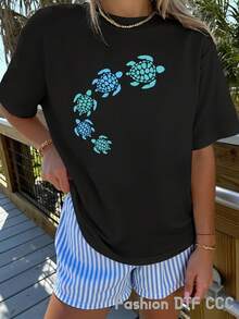 Women's Elegant And Beautiful Pure Cotton T-Shirt Y2K Style, Fashionable Short Sleeve Top, Urban Hip Hop Style, Casual And Breathable, Turtle Print, For Beach Trips, Gym, Summer Clothes, Outdoor Sports, Gift. - 黑色 - 查看 1