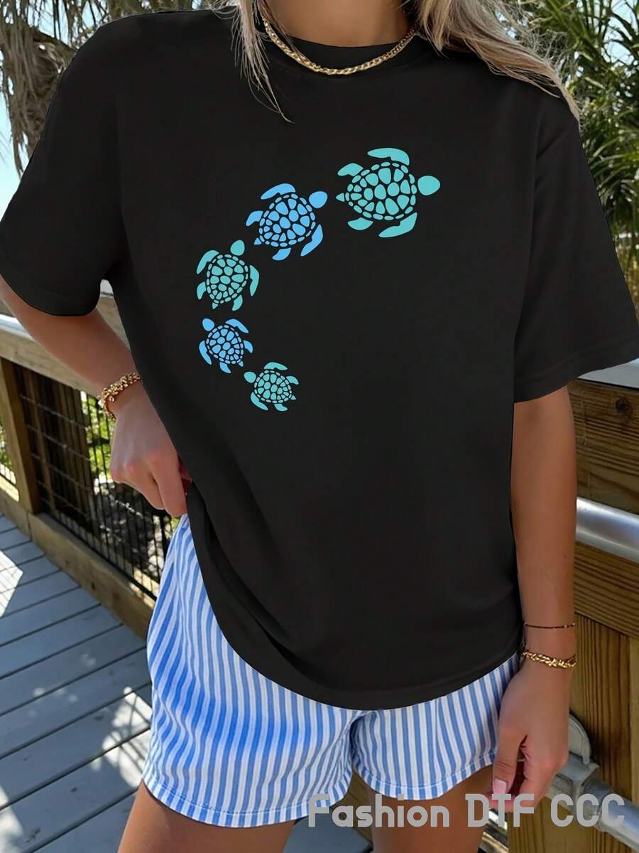 Women's Elegant And Beautiful Pure Cotton T-Shirt Y2K Style, Fashionable Short Sleeve Top, Urban Hip Hop Style, Casual And Breathable, Turtle Print, For Beach Trips, Gym, Summer Clothes, Outdoor Sports, Gift. - 黑色 - 查看 1