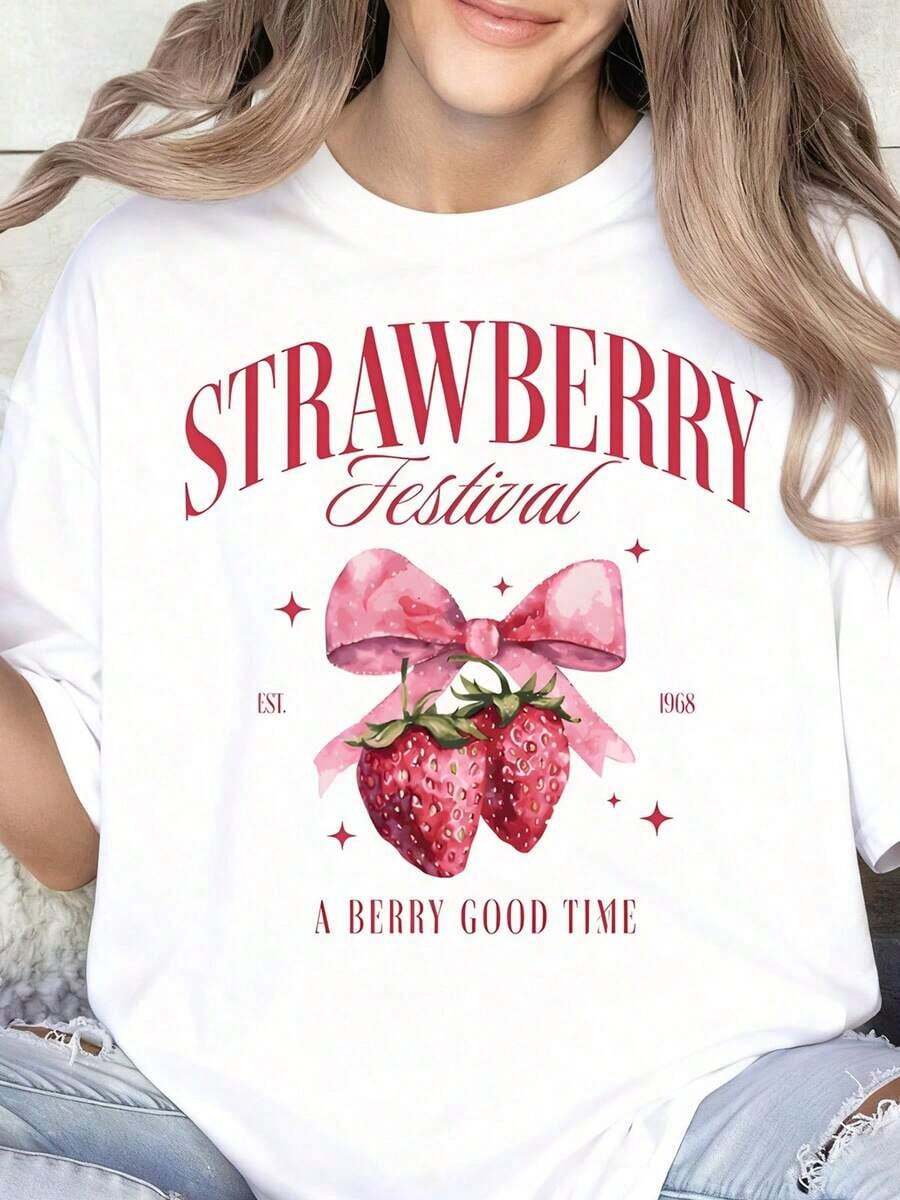 Camiseta de Festival de Fresas para Mujer, Estampado de Fresas, Linda Camiseta de Verano, Camiseta Gráfica 'Berry Good Time', Camiseta Casual de Manga Corta para Amantes de las Fresas, Diseño Vintage de 1968 - Blanco - Ver 1
