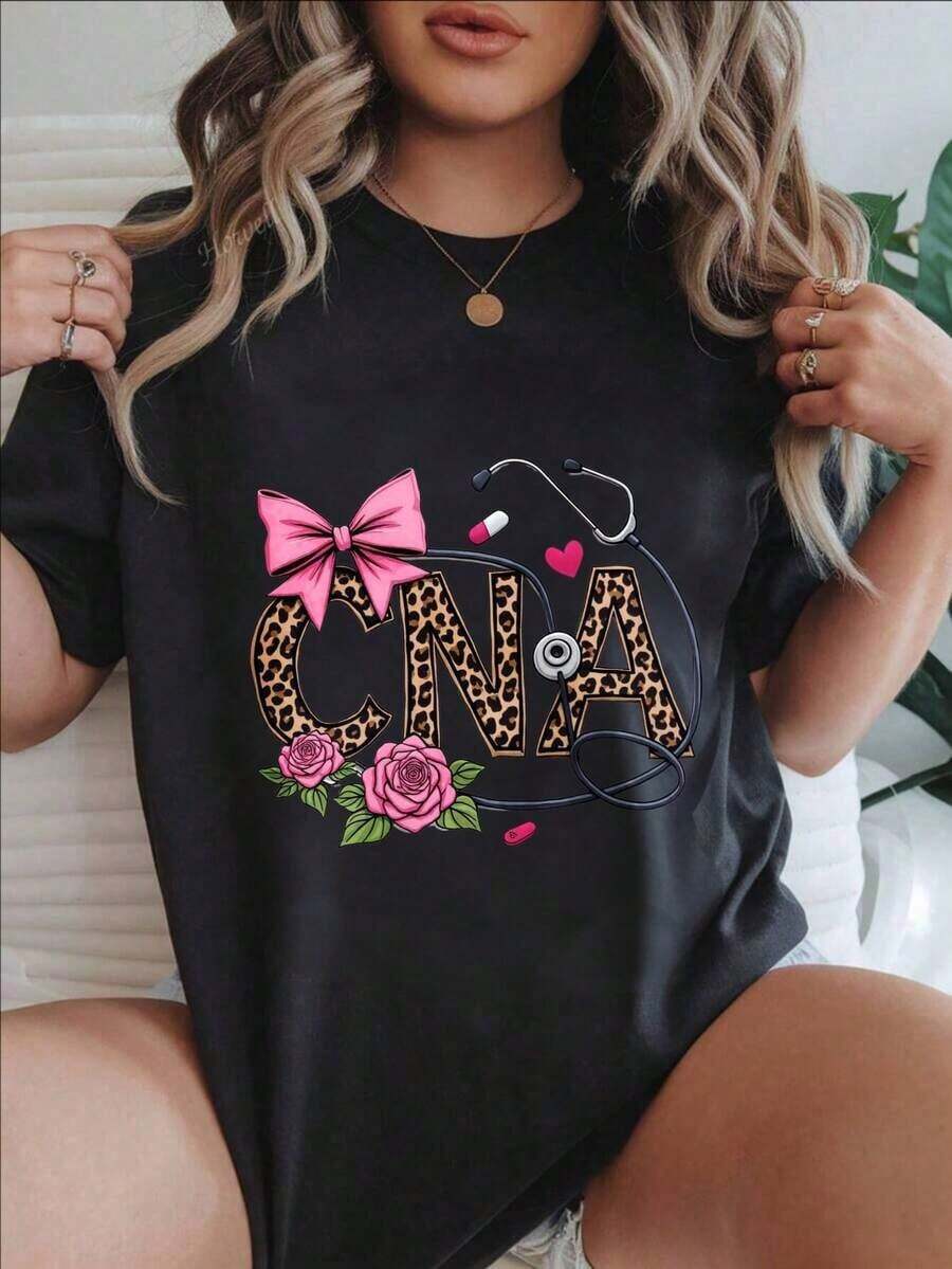 Women's Casual Short Sleeve T-Shirt - Leopard Print With Stethoscope And Pink Roses, Round Neck, Summer Top, Machine Washable, Ladies' T-Shirts, Casual Wear, Modern Style, Comfortable Fit
-White - 黑色 - 查看 1