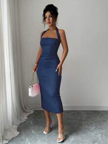 Vestido de mujer de longitud media elegante, adecuado para vacaciones, reuniones diarias, fiestas y eventos de cóctel Rojo Verano - Azul marino - Ver 2