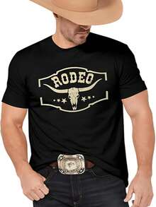Western Cowboy Rodeo Shirts, Classic Cow Skull Design T-Shirts For Men, Bohemian Country Concert Music T-Shirts - 黑色 - 查看 1