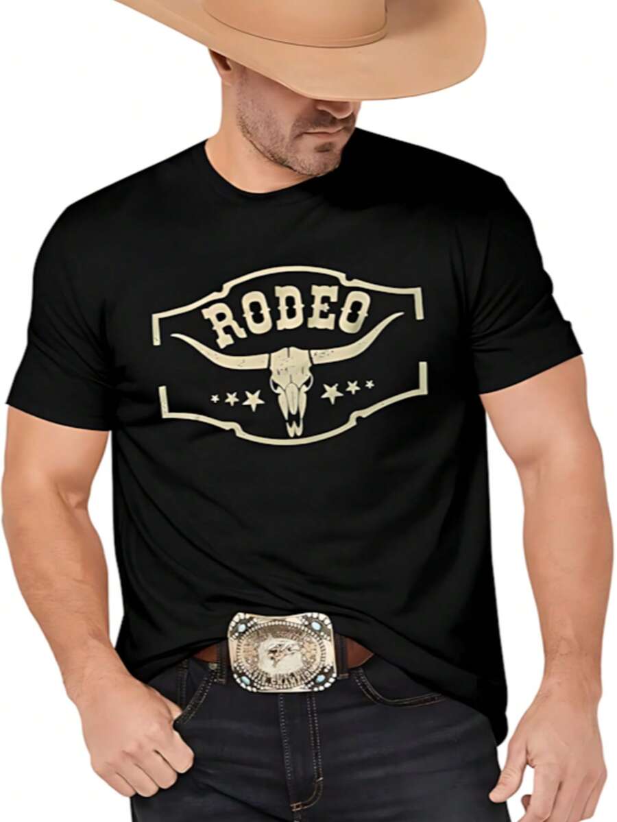 Western Cowboy Rodeo Shirts, Classic Cow Skull Design T-Shirts For Men, Bohemian Country Concert Music T-Shirts - 黑色 - 查看 1