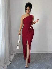 Nuevo vestido maxi de mujer de unicolor y sexy con hombro asimétrico, retorcido y fruncido, con cuello asimétrico, textura de punto y estilo ajustado, con diseño retorcido y con abertura, atuendo elegante para mujer, vestido para fiesta de primavera/verano, vacaciones, San Valentín - Gris - Ver 5