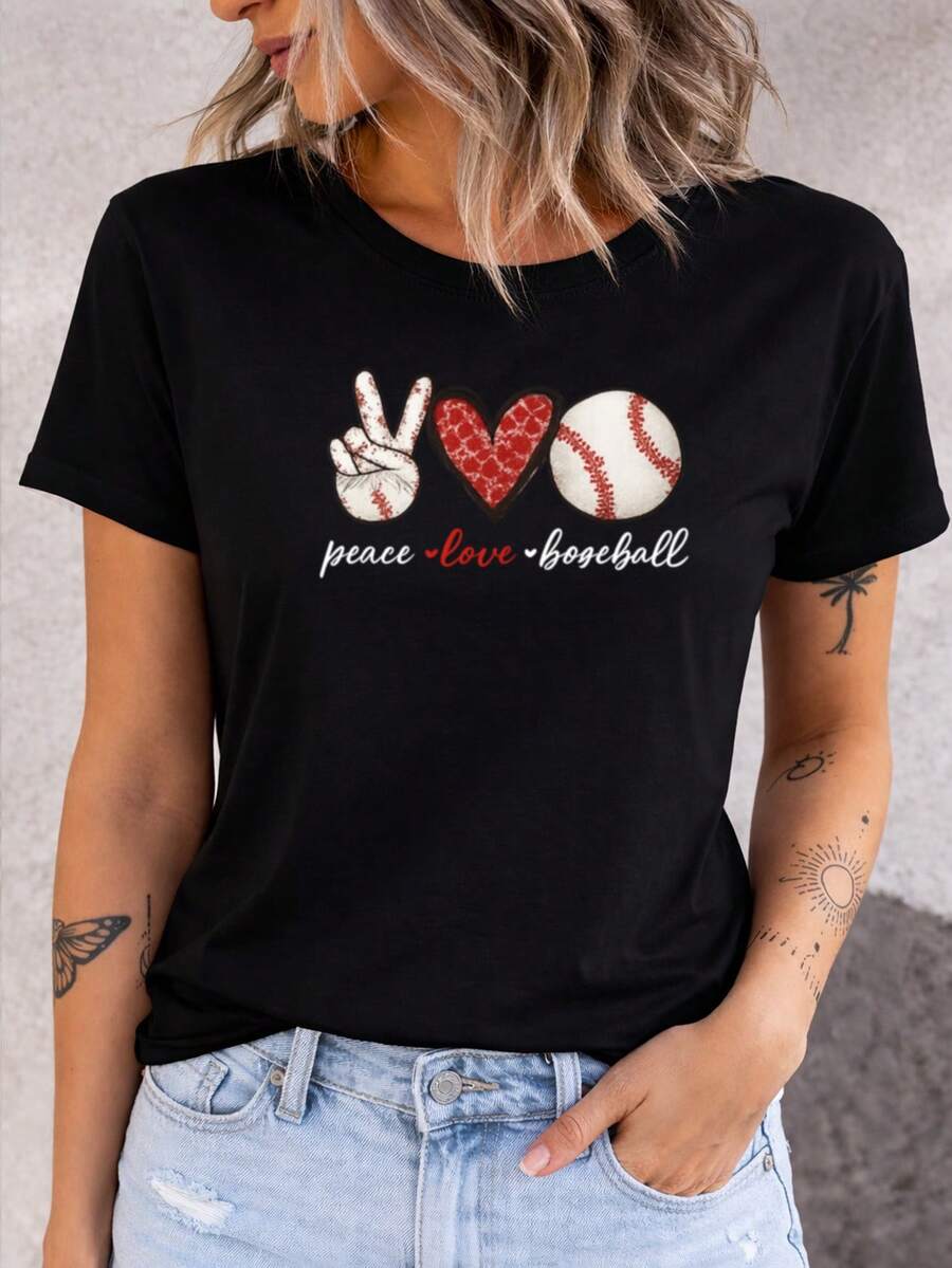 New 2026 Women's Casual Summer T-Shirt, Designed With Peace, Love, And Baseball Motifs - Round Neck, Medium Stretch, Made Of Fabric. XNZI - 黑色 - 查看 1