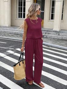 Conjunto de 2 piezas de chaleco y pantalones a cuadros casuales de vacaciones para mujer - Burdeos - Ver 5