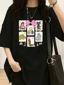 1 Piece Of Women's Fashion T-Shirt, Spring-Summer, With A White Teddy Bear Wearing Fashionable Glasses And Red And Blue Striped Pants, 180g, 100% Cotton. - Black 6 - 查看 11