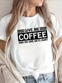 FashionNEW Short-Sleeved T-Shirt With "Give Me Coffee And No One Will Get Hurt" Print, Casual Wear For Home, Coffee Shop Or Office, Lightweight And Durable Design, Perfect For Everyday Comfort And A Fun And Eye-Catching Look - Unisex Loose Cotton Short-Sleeved Crew Neck T-Shirt, Urban Vintage Style. - 白色 - 查看 2