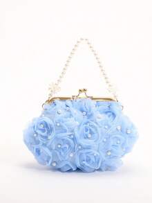 Serie Vacaciones de Verano: Bolso de Mano y Cartera de Malla con Rosas 3D en Azul Claro. Un bolso de noche de fibra de poliéster para mujer, decorado con perlas y cierre presió- Un bolso - Azul - Ver 4