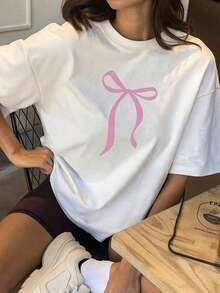 Trendy2026 Elegant Women's Clothing, New Fashionable Round Neck T-Shirt With Bow Print, Casual And Comfortable Short Sleeve For Daily Wear - 白色 - 查看 6
