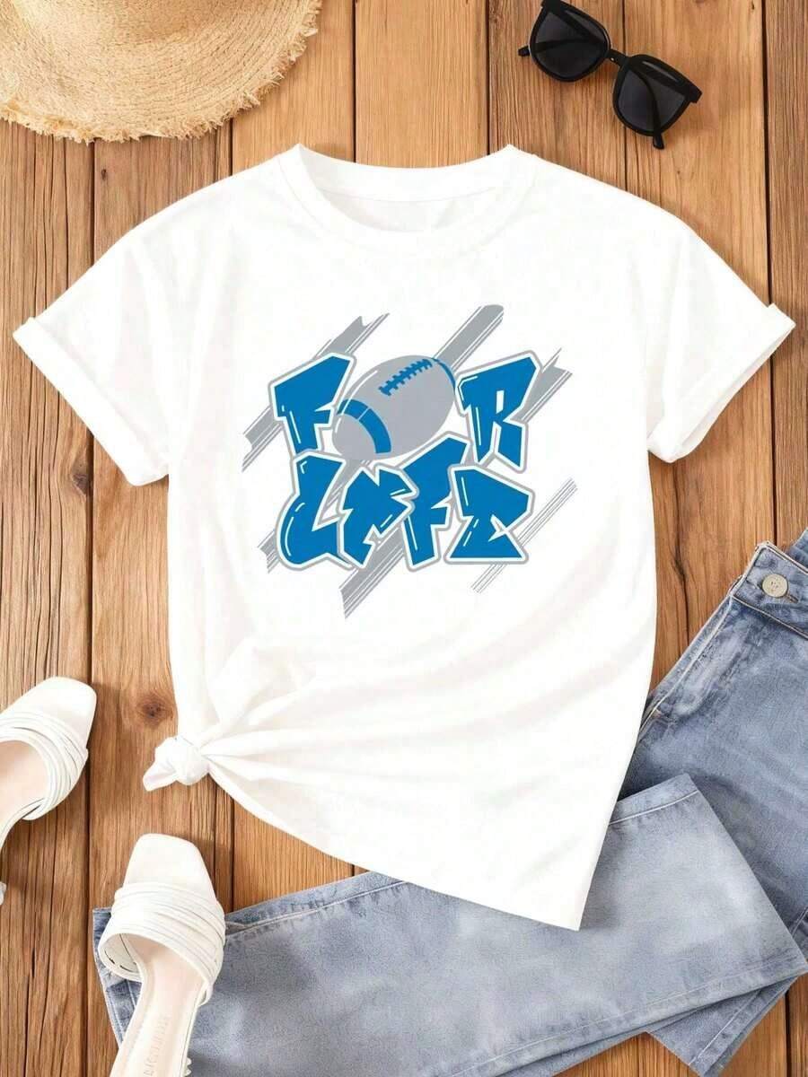 Women's Graphic Football T-Shirt With Lion Print - Oversized 180GSM White T-Shirt With Blue Football Print, Hip-Hop Streetwear Style, Casual Loose Fit And Short Sleeve Crew Neck For Casual Wear, Football Matches And Sporting Events - All Season Comfort - 白色 - 查看 1