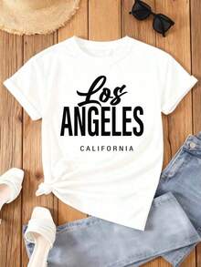 Women's Los Angeles, California Graphic T-Shirt - Heavyweight 180GSM White T-Shirt With LA Lettering, Regular Fit, Casual And Everyday Wear, Urban Style, Everyday Comfort, Short Sleeve, Crew Neck, For Summer And Autumn, Perfect Gift For LA Lovers - 白色 - 查看 1