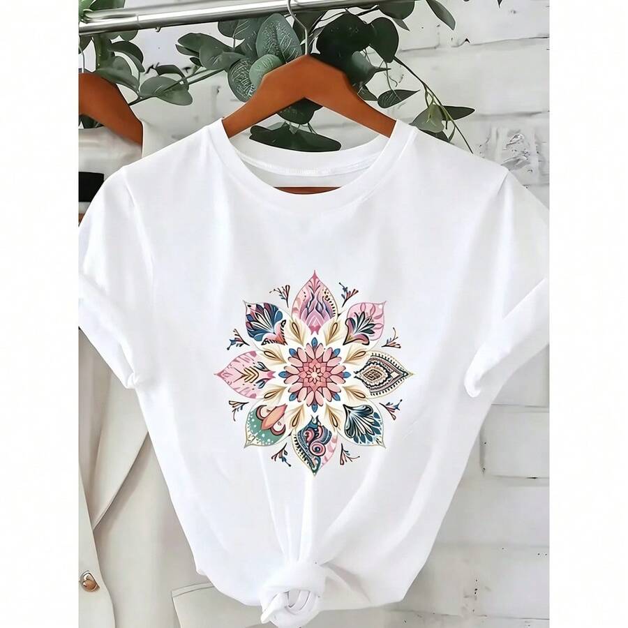 Women's Short-Sleeved T-Shirt With Colorful And Fresh Summer Mandala Print, Casual Everyday Top, Breathable And Comfortable Summer Crew Neck Loose-Fitting T-Shirt - 白色的 - 查看 1