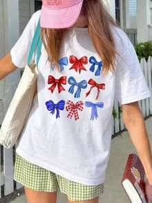Red, White, And Patriotic Blue Bow Graphic Crew Neck T-Shirt - Viral, Cute, And Stylish, A Must-Have For The 4th Of July Celebration, Capturing The Joy Of The American Holiday And Bow Fashion, The Ultimate Viral Item For Casual Summer Wear - 白色 - 查看 6