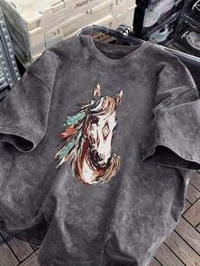 New Women's Basic T-Shirt For Everyday Wear, American Style, 100% Pure Cotton, Fun Retro Western Style T-Shirt, Horse Riding T-Shirt, Cartoon Letter Print T-Shirt, Vintage Clothing For Women, Mother's Day Outfit, Women's Clubwear 2026 - 灰色 - 查看 2