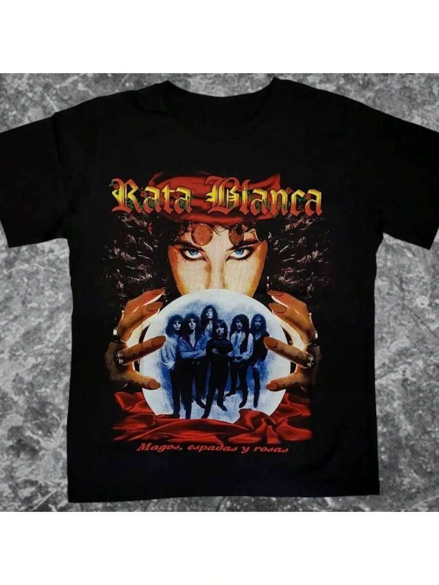 Rata Blanca Band T-Shirt With Artistic Black Print - Casual And Simple Graphic Style, 100% Pure Cotton - Soft And Comfortable Short-Sleeved Crew Neck T-Shirt With Bold Portrait Print, Urban Fashion Top For Everyone.Jpg - 黑色 - 查看 1