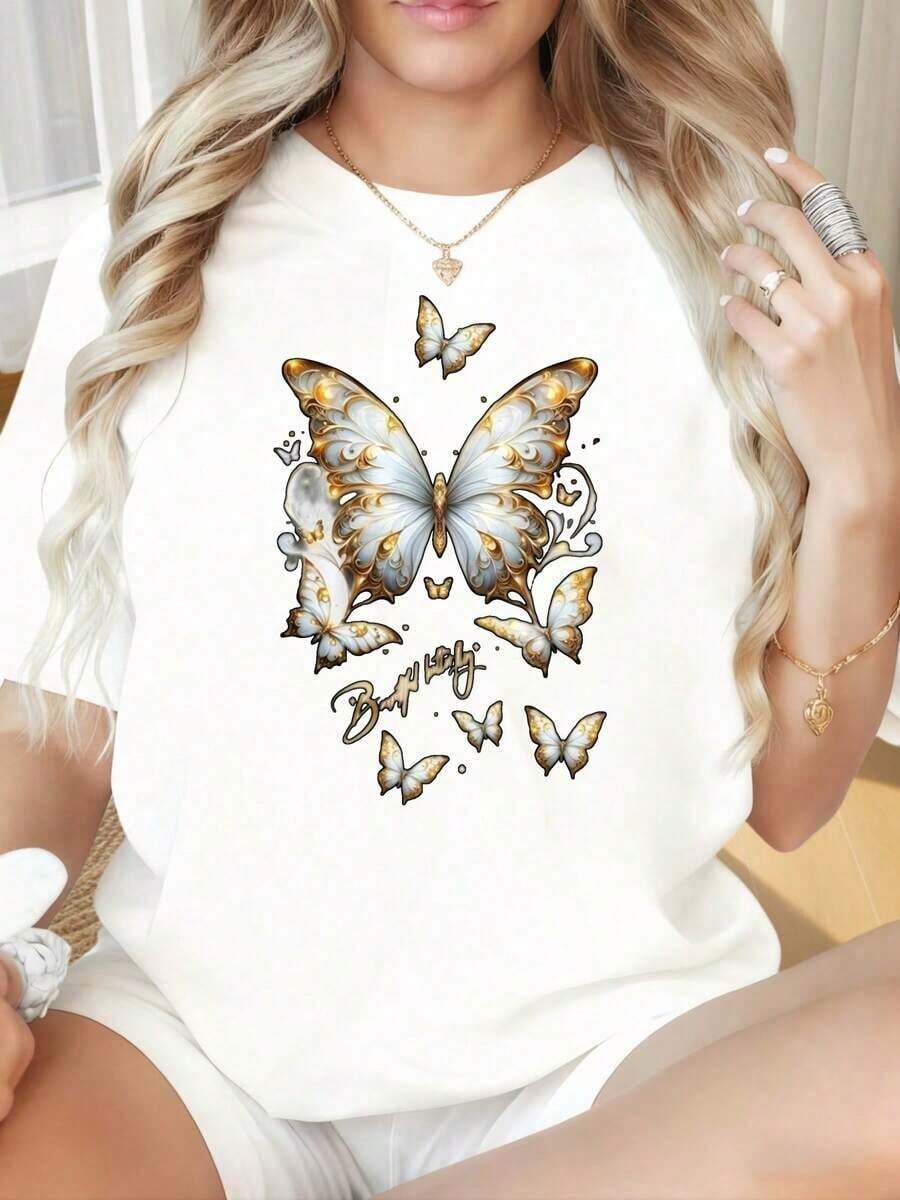 Camiseta de Mujer con Cuello Redondo y Mangas Cortas, Estampado Divertido de Mariposas, Camiseta de Moda Casual para Mujer con Diseño de Mariposas Doradas y Blancas, Ropa Elegante de Verano para Mujer, Adecuada para el Día de San Valentín, Fiestas de Navidad, Actividades Deportivas, Fiestas de Vacaciones, Salidas, Deportes y Otros Regalos Festivos. Puro Algodón - Blanco - Ver 1