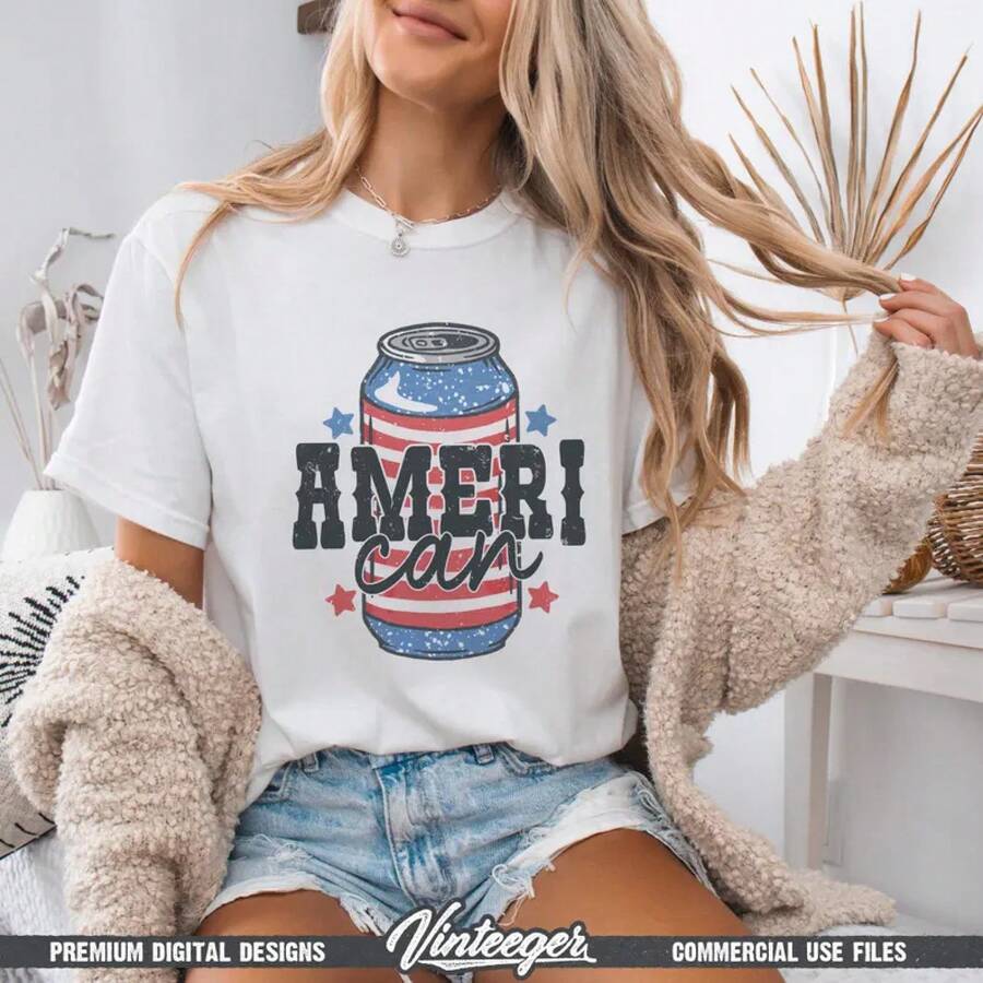 Ameri Can | Instant Download | Sublimation Design | Funny 4th Of July T-Shirt In PNG Format | Funny Independence Day PNG | Beer T-Shirt PNG | Use PNG - 白色 - 查看 1