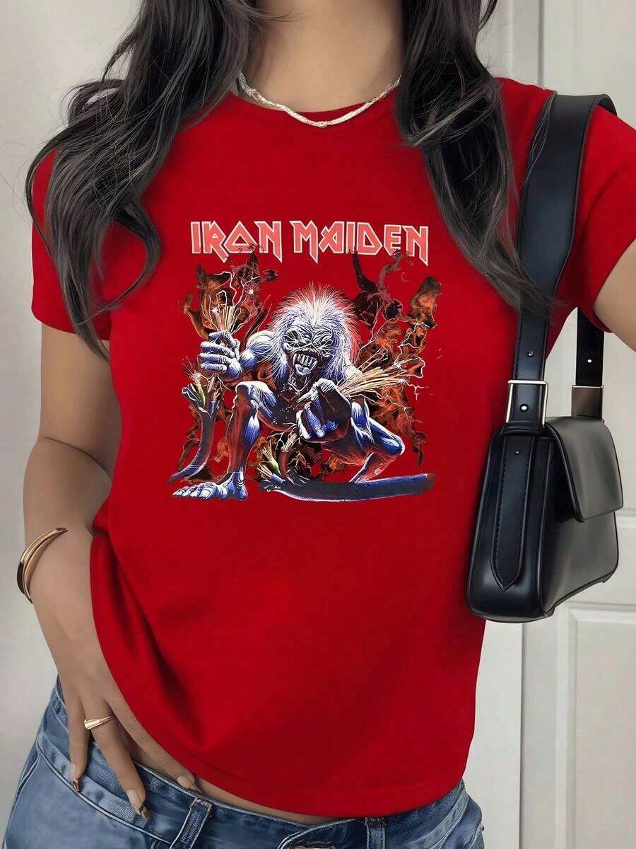 100% Cotton. Fiery Figure Of A Fantastic Creature Holding Lightning Bolts Symbolizing Power And Inner Energy. Women's T-Shirt, 100% Soft And Comfortable Cotton For Everyday Wear. Women's Simple Solid Color T-Shirt, Loose And Slim Fit Casual Short Sleeve - 紅色的 - 查看 1