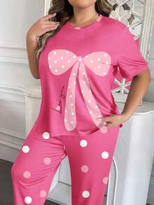 Plus Size Women's Polka Dot Bow Print Pajama Set Pink Short Sleeve Top + Long Pants Loungewear 2-Piece Set - Hot Pink - View 3