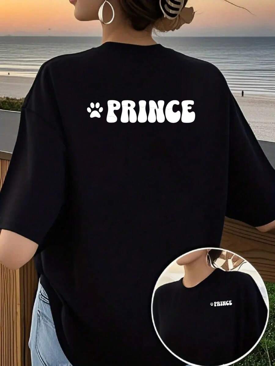 New 2026 Collection: Women's Cotton T-Shirt With Prints On The Front And Back, Featuring Princes And Pets, Round Neck, Short Sleeves, Casual And Modern Style, Suitable For Workouts In All Seasons And Everyday Wear, Top With Fun Printed Design. - 黑色 - 查看 1