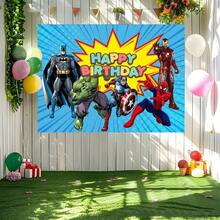1 pieza de fondo de cumpleaños de superhéroes de los Vengadores Dibujos animados  Iron Man C apitán América B atman S pider-Man Linterna Verde Decoración de fiesta Edificio de la ciudad Explosión Burbuja Fondo de fotografía Jardín al aire libre Escena de reunión festiva Diseño Mesa de pastel Tapiz de pared Accesorios de fiesta de cumpleaños para fanáticos del anime Decoración para colgar en la pared - Multicolor - Ver 5