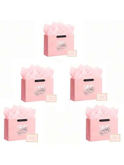 60th Birthday Gift Bag Set - Elegant Pink Paper Bag Containing 2 Sheets Of Gift Wrapping Paper And 1 Greeting Card. Reusable Happy Birthday Gift Bag, Ideal For Ladies Anniversary Party Favors - Fashionable Women's Gift Packaging.