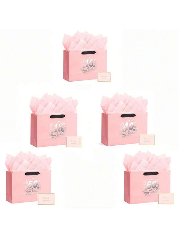 60th Birthday Gift Bag Set - Elegant Pink Paper Bag Containing 2 Sheets Of Gift Wrapping Paper And 1 Greeting Card. Reusable Happy Birthday Gift Bag, Ideal For Ladies Anniversary Party Favors - Fashionable Women's Gift Packaging.