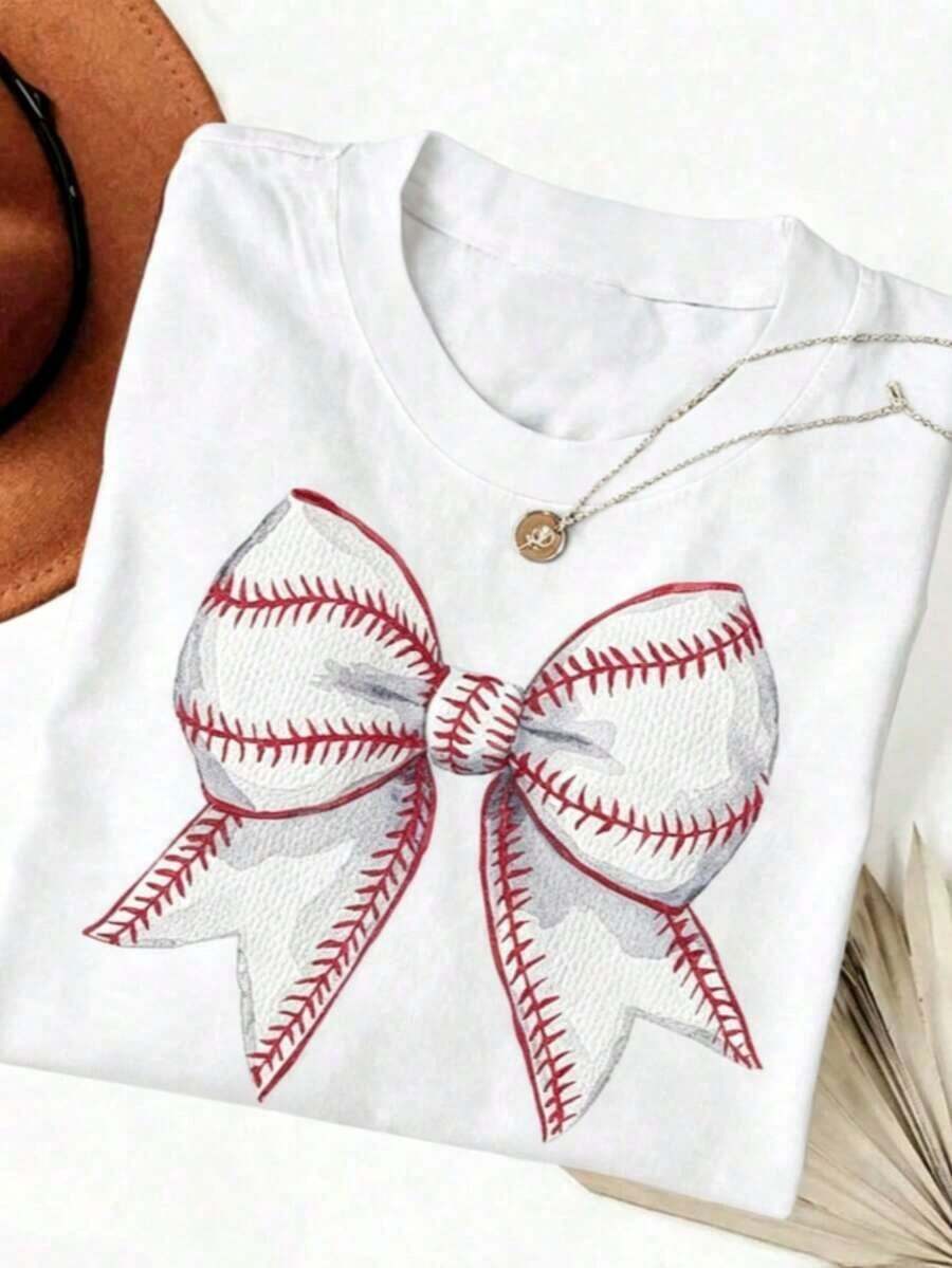 Mayan Culture 2026 Summer Clothes, Comfortable Blouse With Baseball Bow Print, Flirty Baseball Game Day T-Shirt, Baseball Season T-Shirt, Baseball Fan T-Shirt, Crew Neck Graphic Print T-Shirt For Sporty Moms, Loose And Comfortable Summer Tops, Cotton T-Shirt - 白色 - 查看 1