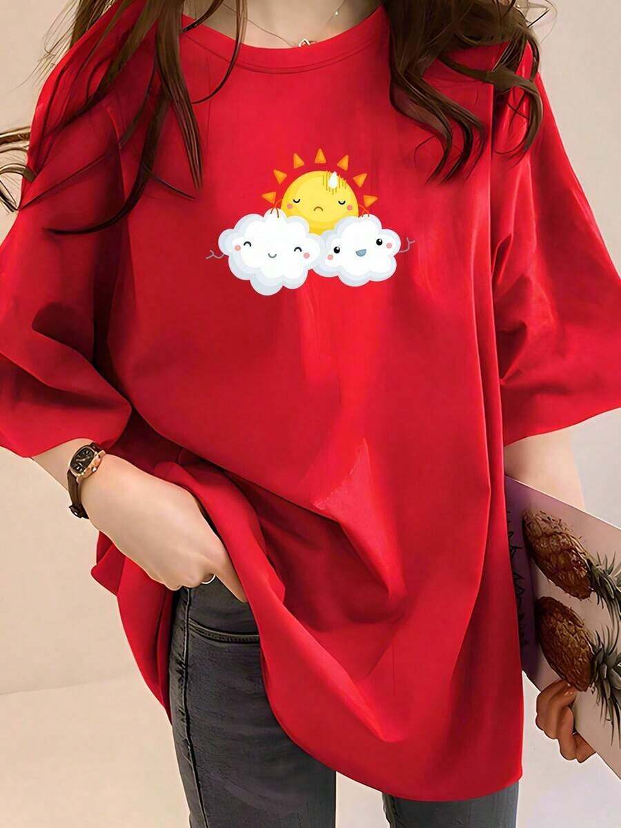 Giftsoft - 2H1106 Women's Camisole, Ladies Camisole With Sun And Cloud Graphic Print, Breathable And Comfortable Fabric, Elegant Casual Top, Lightweight And Soft Camisole, Stylish Design For Everyday Wear, Parties, Outdoors, Loose Fit, 100% Cotton, FrescaSoft - 紅色的 - 查看 1
