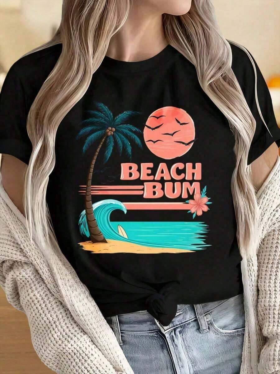 100% Cotton. One-Piece T-Shirt For Women And Men With A Round Neck And Short Sleeves. Features A Tropical Palm Tree, Sunset, And Surf Wave Print, Ideal For Summer Vacations And Casual Wear. The Fun Prints Are Suitable For Christmas Parties, Sporting Events, Holiday Parties, Outings, Sports, And Other Holiday Gifts. 100% Cotton. Women's Simple Solid Color T-Shirt, Loose And Slim Fit Casual Short Sleeve - 黑色 - 查看 1