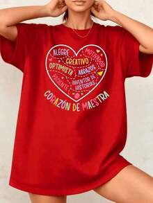 Women's GiftCamia With Positive Words And Heart Graphic Print, Teacher's Heart, 100% Cotton, Crew Neck, Casual Style, 1 Piece. Excellent Gifts For Friends And Family - Unisex Vintage Urban Style Camia, Loose Fit, Cotton, Short Sleeve, Crew Neck. Soft - 紅色的 - 查看 6