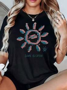 100% Cotton. Radiant Hand-Painted Sun Symbolizing Positive Energy And Openness To New Experiences. Women's 100% Cotton 220g T-Shirt. Women's Simple Solid Color T-Shirt, Loose And Slim Fit Casual Short Sleeve - 黑色 - 查看 11