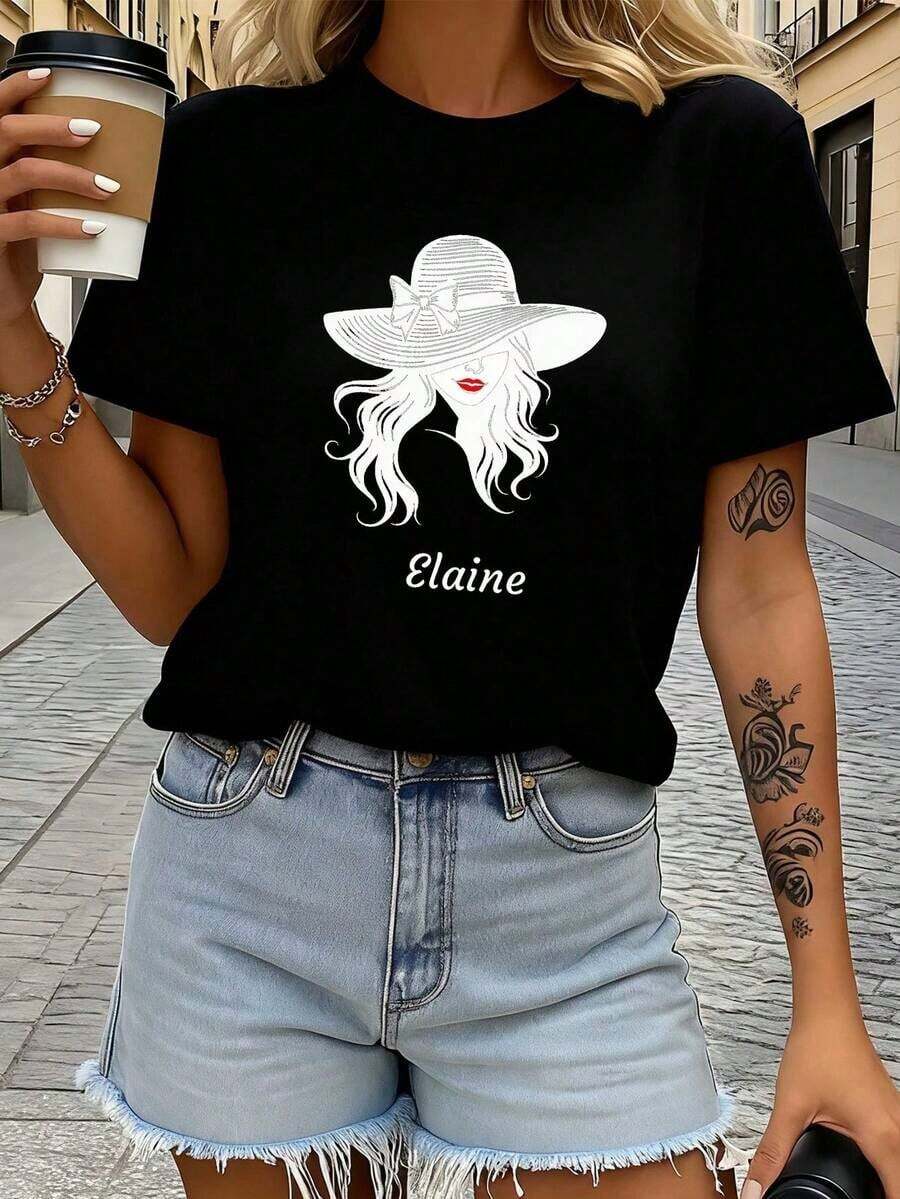 Women's Wide Brim Hat And T-Shirt Set - Elaine Elegant Casual Outfit - Wide Brim Hat, Comfortable Machine Washable Blouse For Casual Wear And Special Events - 黑色 - 查看 1